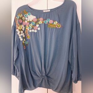 Jodifl Bohemian , Whimsical Embroidered Floral Knot-Front Top Size S